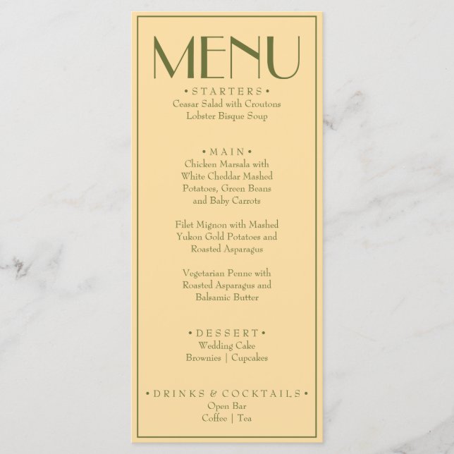 Menu Fancy Yellow Olive Green Classy Retro Wedding (Frente)