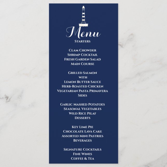 Menu Farol Náutico Elegante Branco e Azul (Frente)