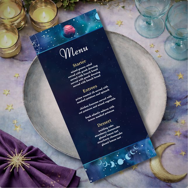 Menu Fases da lua celeste de casamento galáctico modern (Criador carregado)