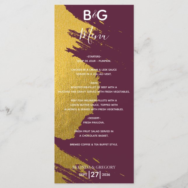 Menu Faux Dourado Brushstrokes Burgundy, Casamento Mono (Frente)