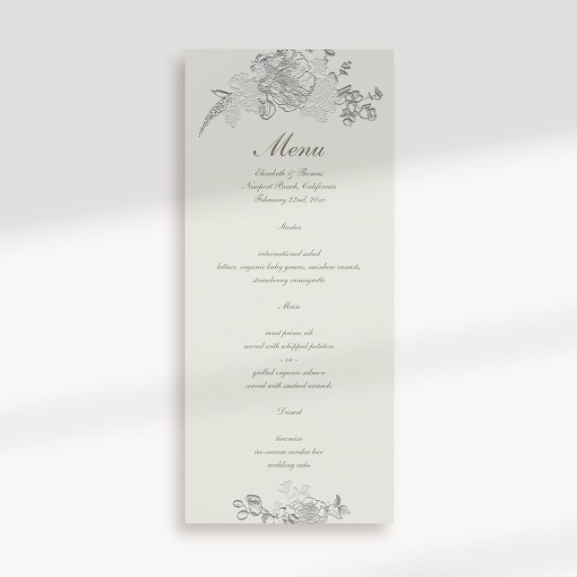 Menu Faux Embossed Peony Classic Formal Ecru Casamento (formal traditional elegant calligraphy wedding menu card faux embossed peony ecru classic)