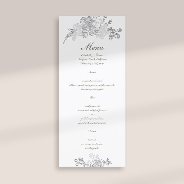 Menu Faux Embossed Peony Classic Formal Ivory Wedory (formal traditional elegant calligraphy wedding menu card faux embossed peony ivory classic)