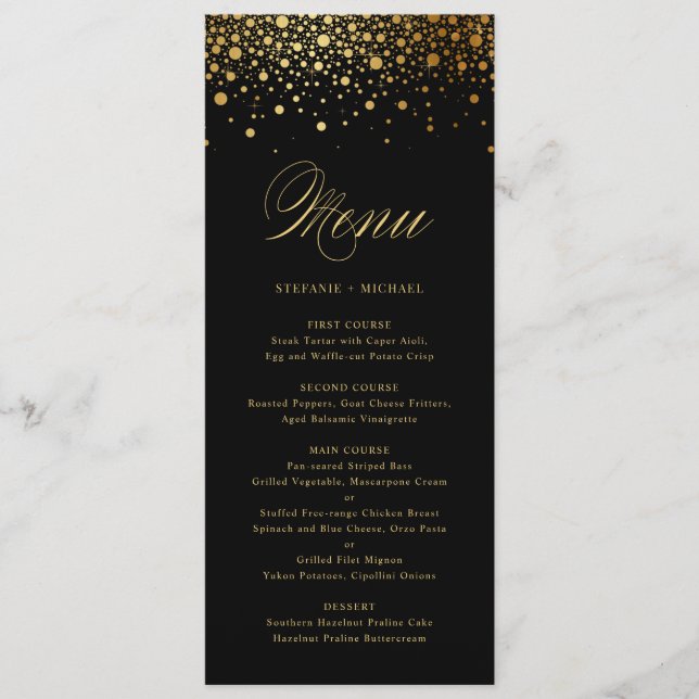 Menu Faux Gold Foil Confetti Pontos Negros (Frente)
