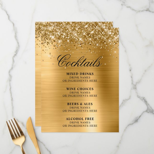 Menu Faux Gold Glitter and Foil Cocktails Bar (Frente/Verso In Situ)