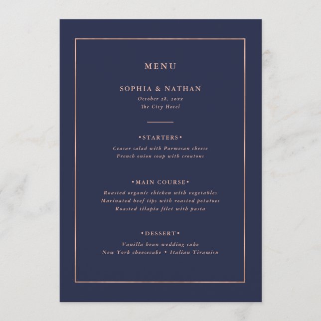 Menu Faux Rosa Dourado Border on Midnight Blue Weding (Frente)