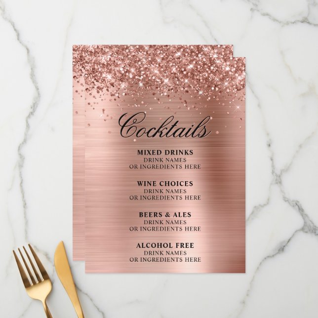 Menu Faux Rose Gold Glitter and Foil Cocktails Bar (Frente/Verso In Situ)
