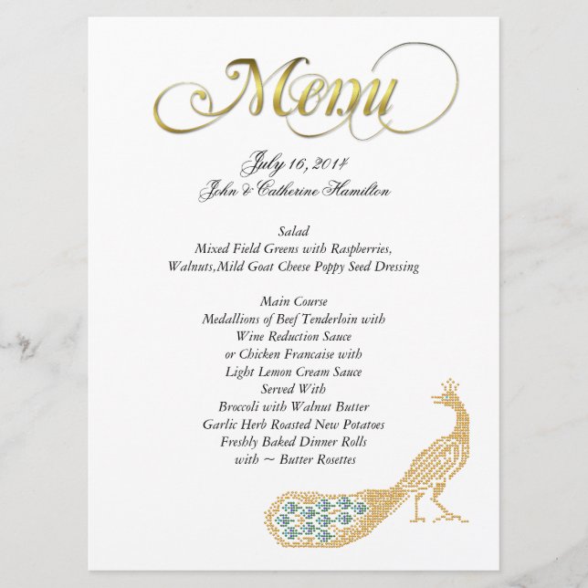Menu feito sob encomenda do casamento do pavão (Frente)