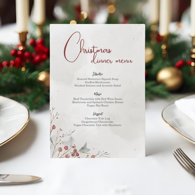 Menu Feliz Natal Watercolor Berry Winter Non-Photo (Criador carregado)