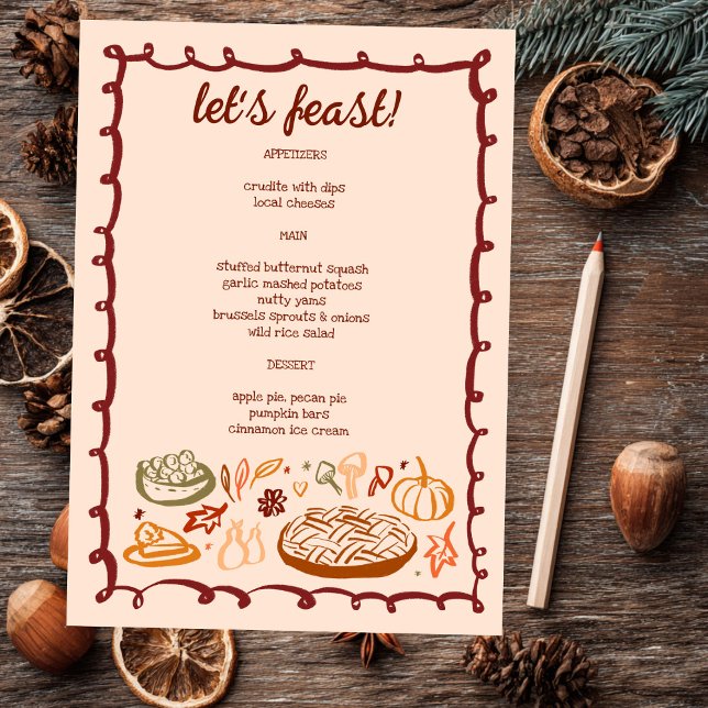 Menu Feriado de Ação de Graças de Whimsical Horarian CU (Whimsical Thanksgiving Holiday Vegetarian Vegan Doodle Sketch CUSTOM Menu
)