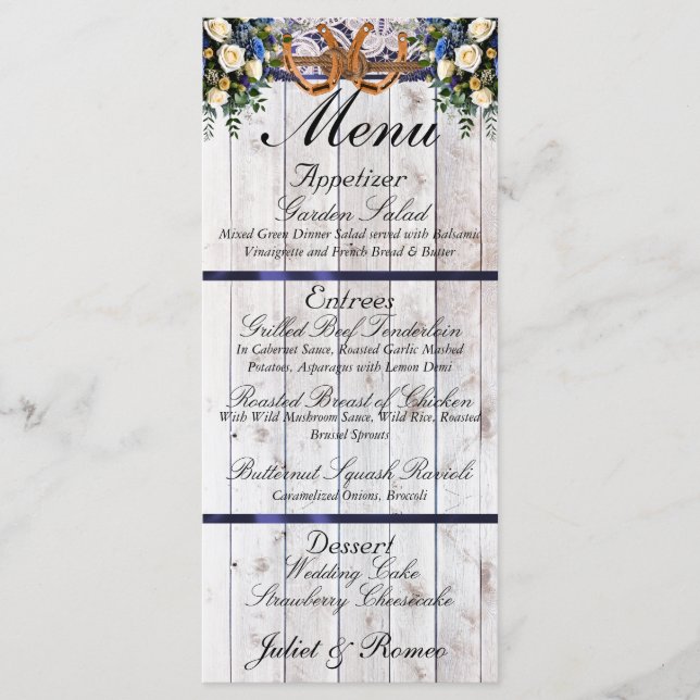 Menu Ferraduras, Fita e rendas - Casamento Azul (Frente)