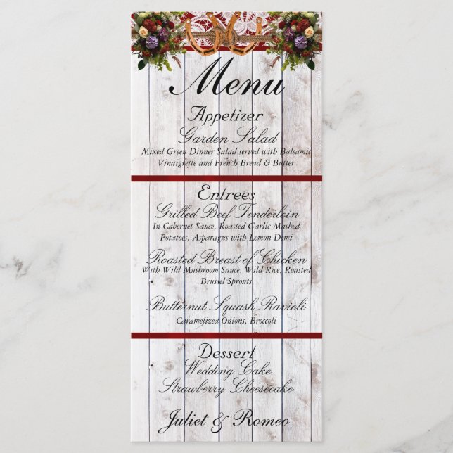 Menu Ferraduras, Fita e rendas - Casamento Vermelho (Frente)