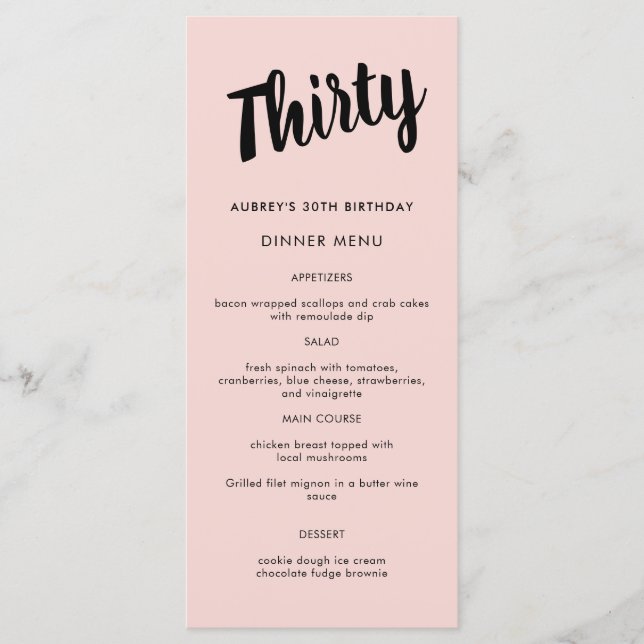 Menu Festa de aniversário de 30 anos de Script Moderno  (Frente)