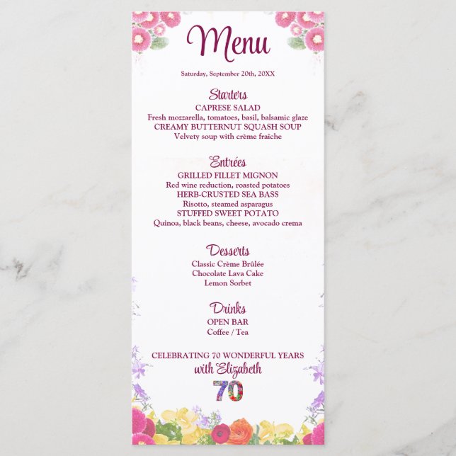 Menu Festa de aniversário Floral Elegante / 70 Anos (Frente)