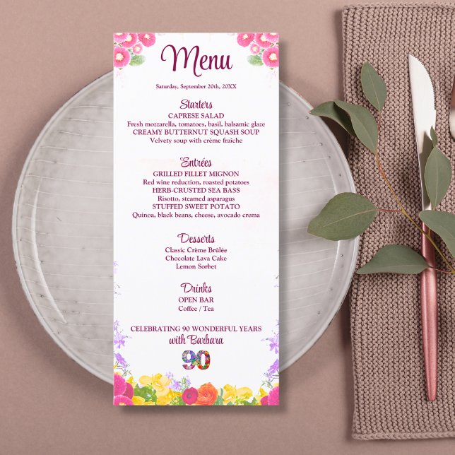 Menu Festa de aniversário Floral Elegante/90 Anos (Criador carregado)