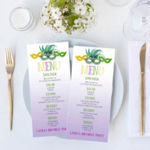 Menu Festa de aniversário roxa e Mascarada verde