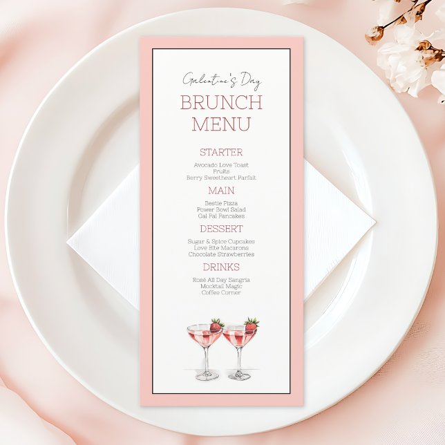 Menu Festa de Branca Branca do Dia da Galentina (Cute Pink Galentine's Day Girly Chic Brunch Party Menu)