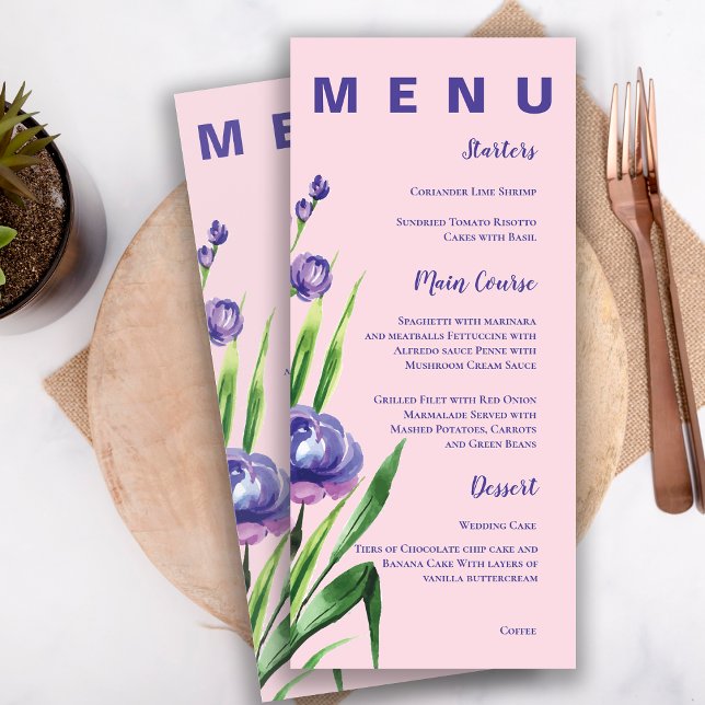 Menu Festa de casamento Bonito azul-rosa azul-esbranqui (Blush Pink Pretty Blue Floral Wedding Party Menu)