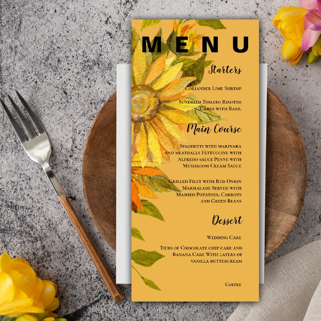 Menu Festa de casamento Bonito de girassol amarela (Yellow Sunflower Pretty Floral Wedding Party Menu)