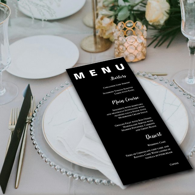 Menu Festa de casamento branca branca-branca-escura sim (Elegant Simple Black White Classic Wedding Party Menu)