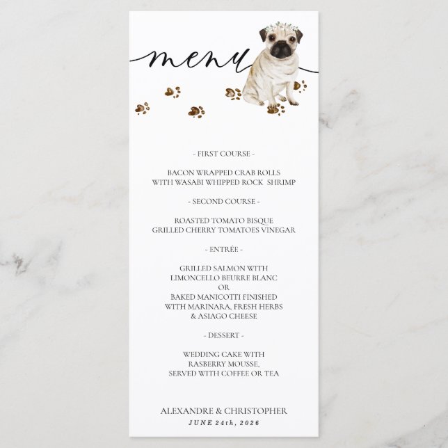 Menu Festa de casamento cachorrinho Pug (Frente)