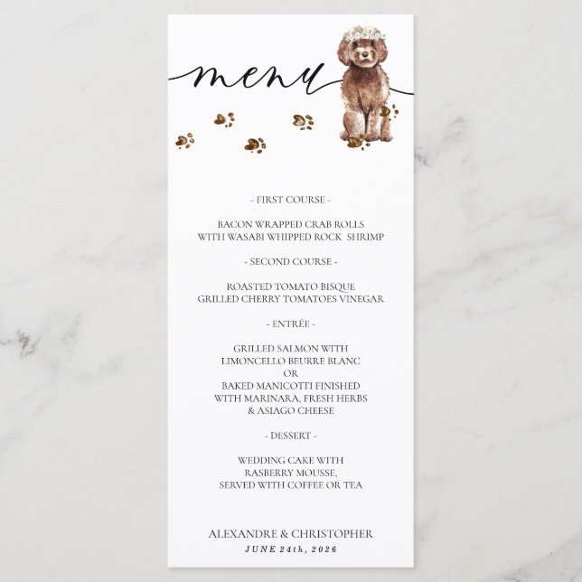 Menu Festa de casamento de cachorro filhote Cavapoo mar (Frente)