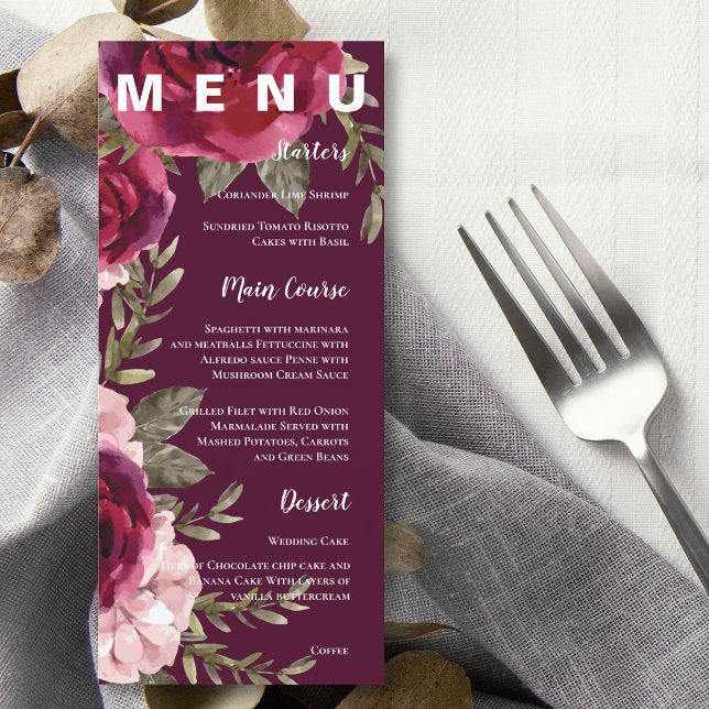 Menu Festa de casamento Floral Bonito Brilhante Rosa (Blush Pink Pretty Burgundy Floral Wedding Party Menu)