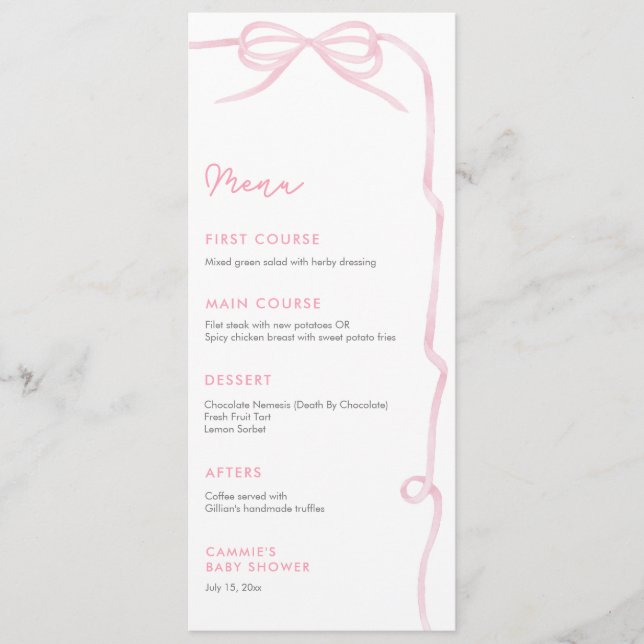 Menu Festa de Chá de Bebê Menina com Laço Rosa Bonito (Frente)