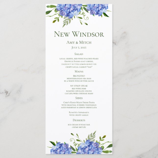 Menu Festa de noivado de Hydrangeas Azul (Frente)