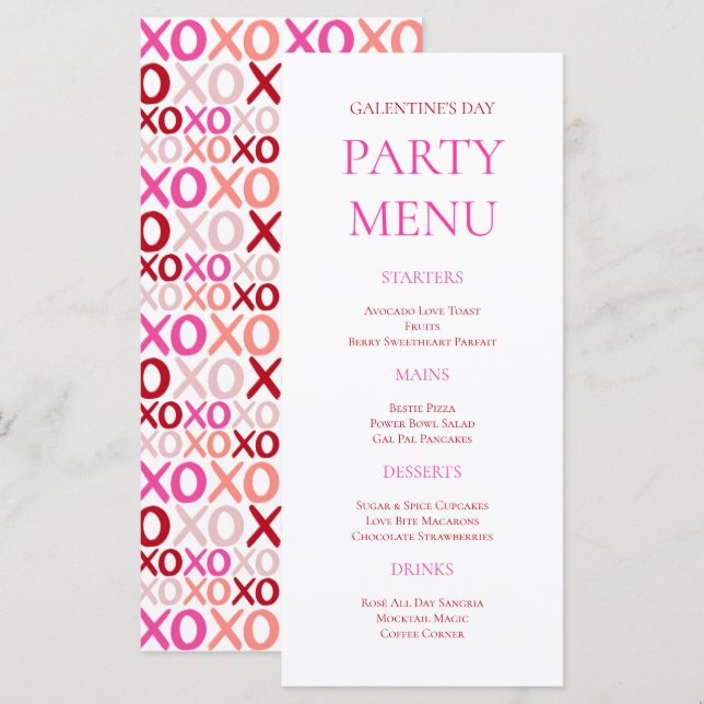 Menu Festa Ousada Rosa XOXO de Galentine's Day para Gar (Frente/Verso)