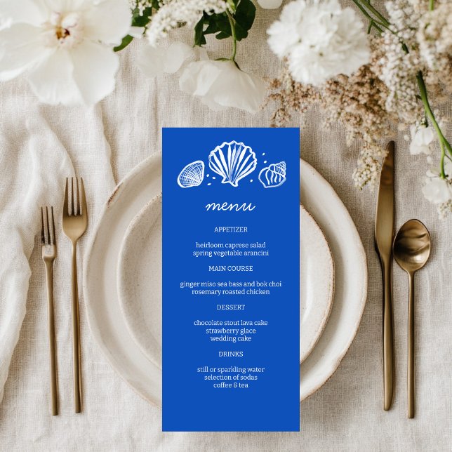 Menu Festa PERSONALIZADA de Casamento de Praia de Seash (Seashells Frame Beach Wedding CUSTOM Party Menu Blue White
)