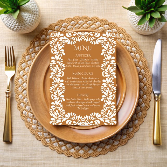 Menu Festa-talavera-terracotta mexicana (Mexican fiesta vintage talavera terracotta menu cards papel picado personalized menu cards )