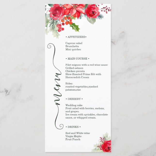 Menu Festive Watercolor Rose Poinsettia Holiday Wedding (Frente)
