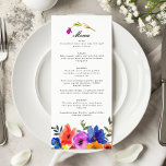 Menu Fiesta, Casamento Floral Colorido Espanhol<br><div class="desc">Adicione um pedaço de cultura vibrante ao seu casamento com o nosso cardápio de casamento floral inspirado na Fiesta Mexicana. Este cardápio maravilhosamente desenhado é adornado com padrões florais em um motim de cores ousadas — vermelho rico, amarelos ensolarados, blues brilhantes e verdes exuberantes — que captam a essência de...</div>