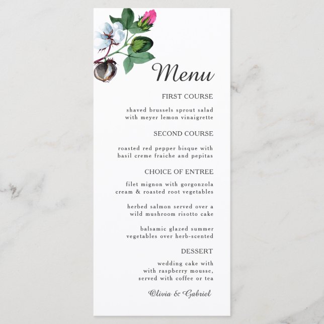 Menu Flor branca de algodão. Belo Casamento Botânico (Frente)