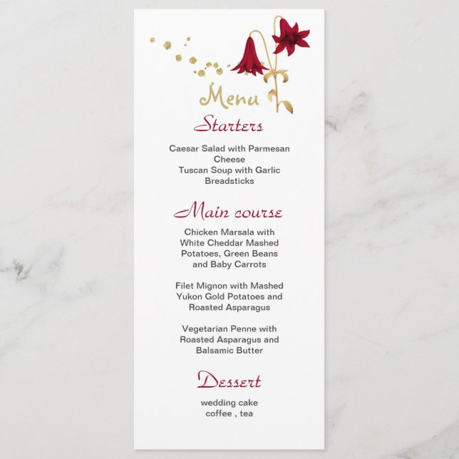 Menu flor de borgonha dourado & casamento branco (Frente)