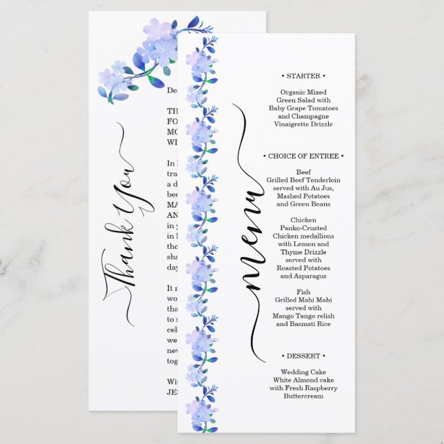 Menu flor de folhas em estilo aquarela azul empoeirado  (Frente/Verso)