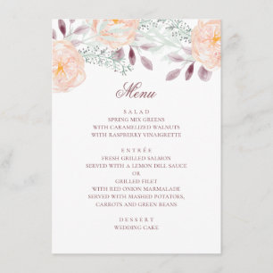 Menu flor de pêssego de aquarela. Casamento botânico. F