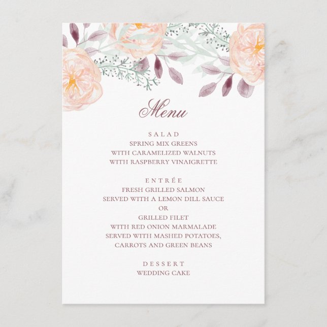 Menu flor de pêssego de aquarela. Casamento botânico. F (Frente)