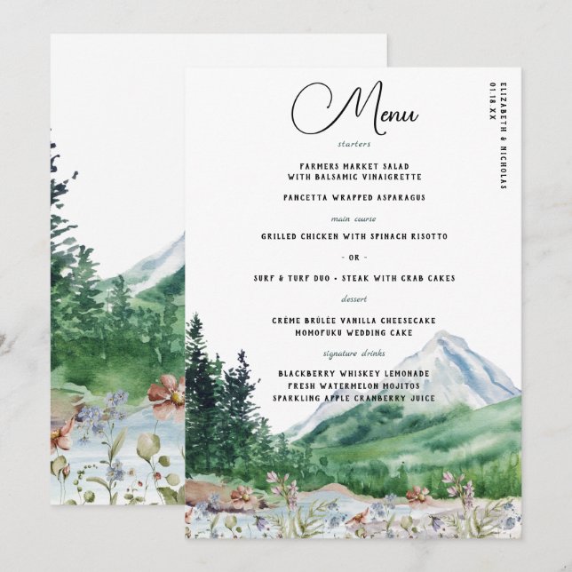Menu Flor Selvagem da Montanha Rústica | Cardápio de Ca (Frente/Verso)