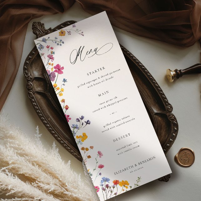 Menu Flor Silvestre Grace Moderno Floral Elegante Casam (wildflower wedding theme menu romantic colorful watercolor pastel floral timeless classic)
