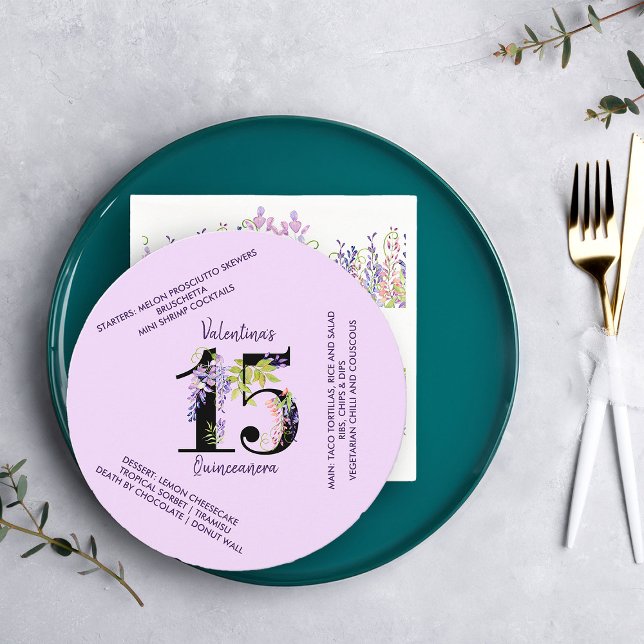 Menu Floral 15 Purple Wisteria Quinceanera Aniversário (15th Birthday Menu from my Purple Wisteria Quinceanera Collection)