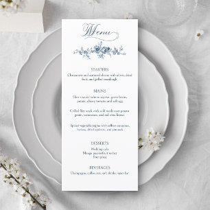 Menu Floral Azul Francês Gravado Elegante