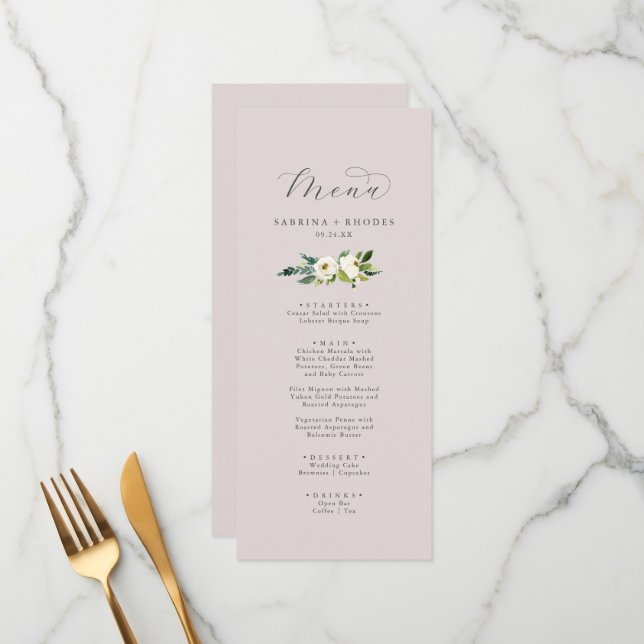 Menu Floral Branco Elegante | Janto Casamento Mauve Blu (Frente/Verso In Situ)