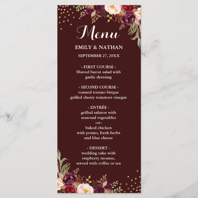 Menu Floral Confetti Confetti Dourado Burgundy (Frente)