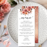 Menu Floral Cor-de-Dourada e Rosa-Esbranquiçada<br><div class="desc">Aprecie seus convidados com este cartão de menu refinado. Design coordenando nossos convites para eventos Dourados Rosa. Separe o design que apresenta no topo um arranjo floral único, cor-de-rosa pincelado, cor-de-rosa pincel e champanhe e no fundo o(s) seu(s) nome(s) e data. Detalhes da tipografia de Script manuscrito. De volta em...</div>