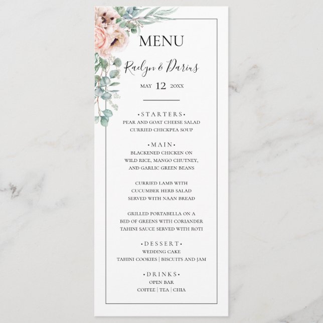 Menu Floral de Blush Elegante | Janto de Casamento de Q (Frente)
