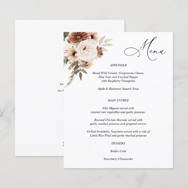 Menu Floral de Boho Neutro Russo do Orçamento (Frente/Verso)