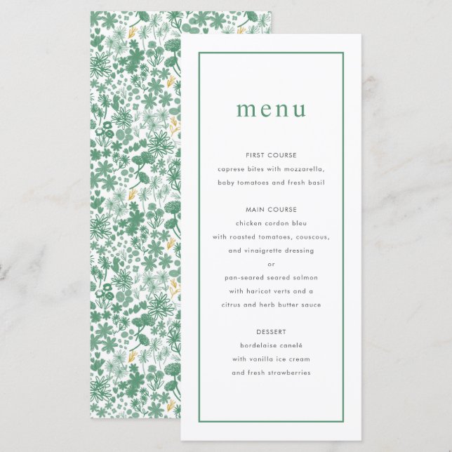 Menu Floral de Casamento Chic Green Ditzy (Frente/Verso)