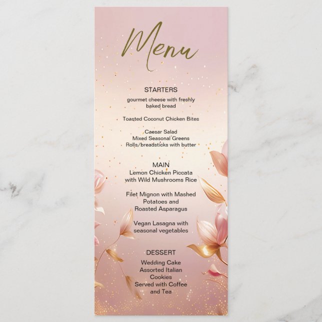 Menu Floral de Casamento de Folhas de Ouro Rosa (Frente)
