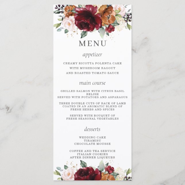 Menu Floral de Casamento Laranja Ivory Burgundy (Frente)